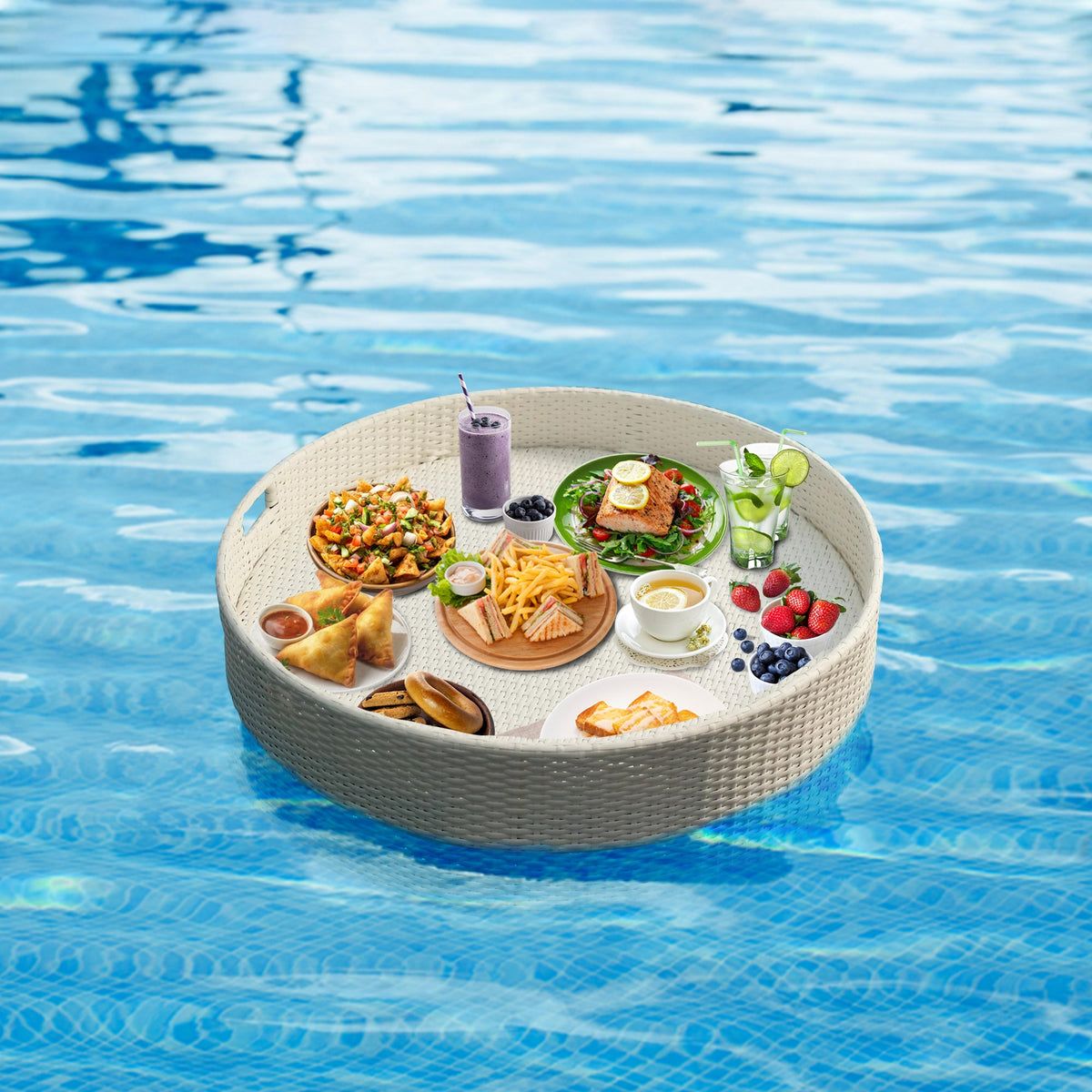 Round Floating Pool Tray | Woven Poolside Food & Drink Serving Tray