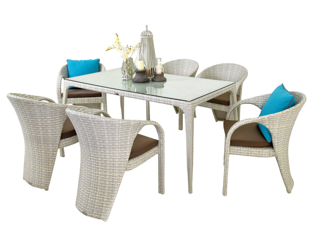 7 Piece Outdoor Dining Set | 6 Wicker Chairs with Glass Top Table