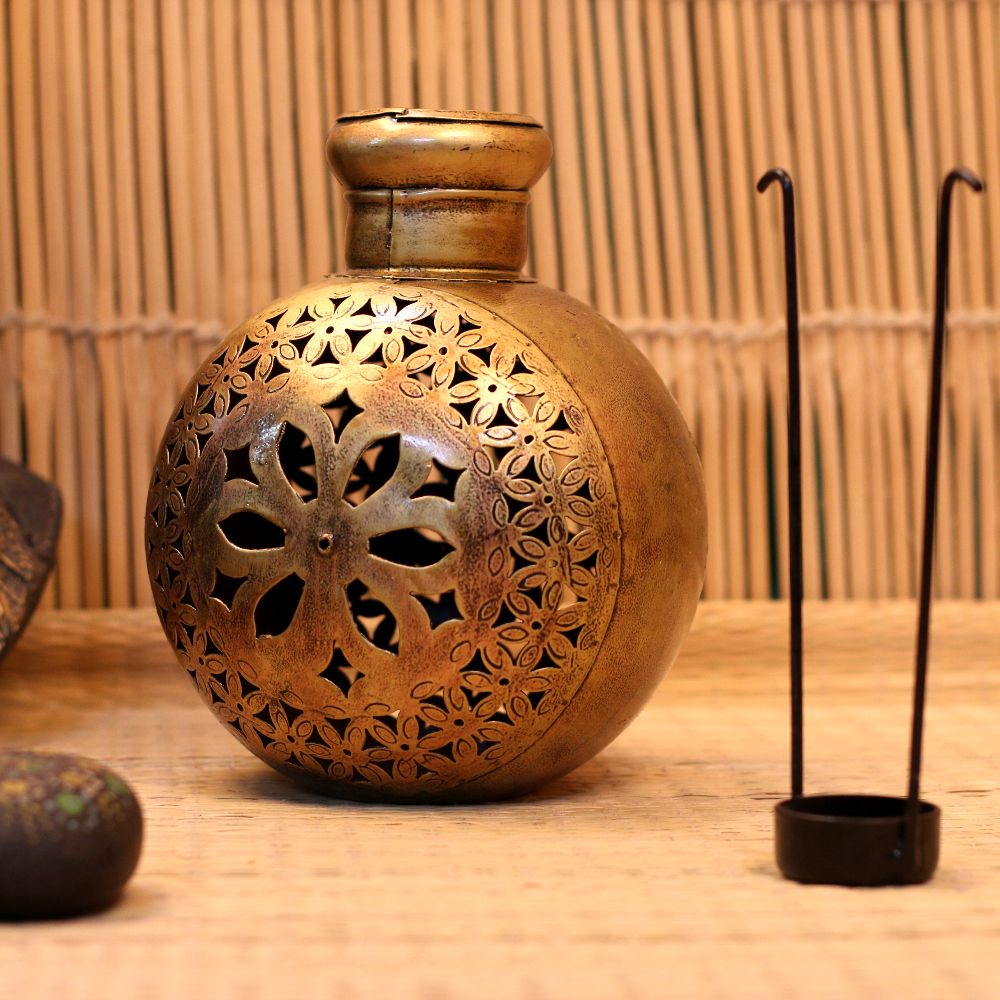 Handcrafted Iron Painted Kuria Tea Light Holder – Fruit Cut Design (Small) | Decorative Candle Holder for Home Décor