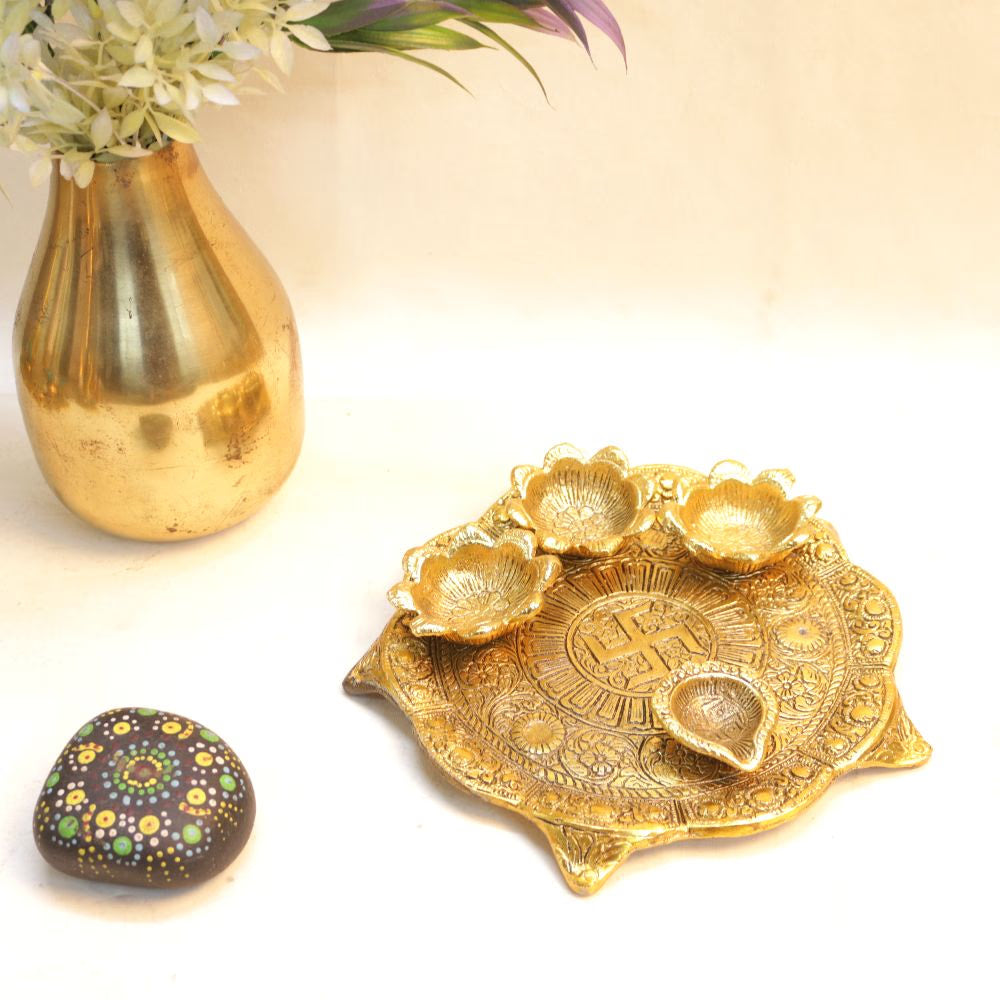 Metal Pooja Thali with Diya - Golden