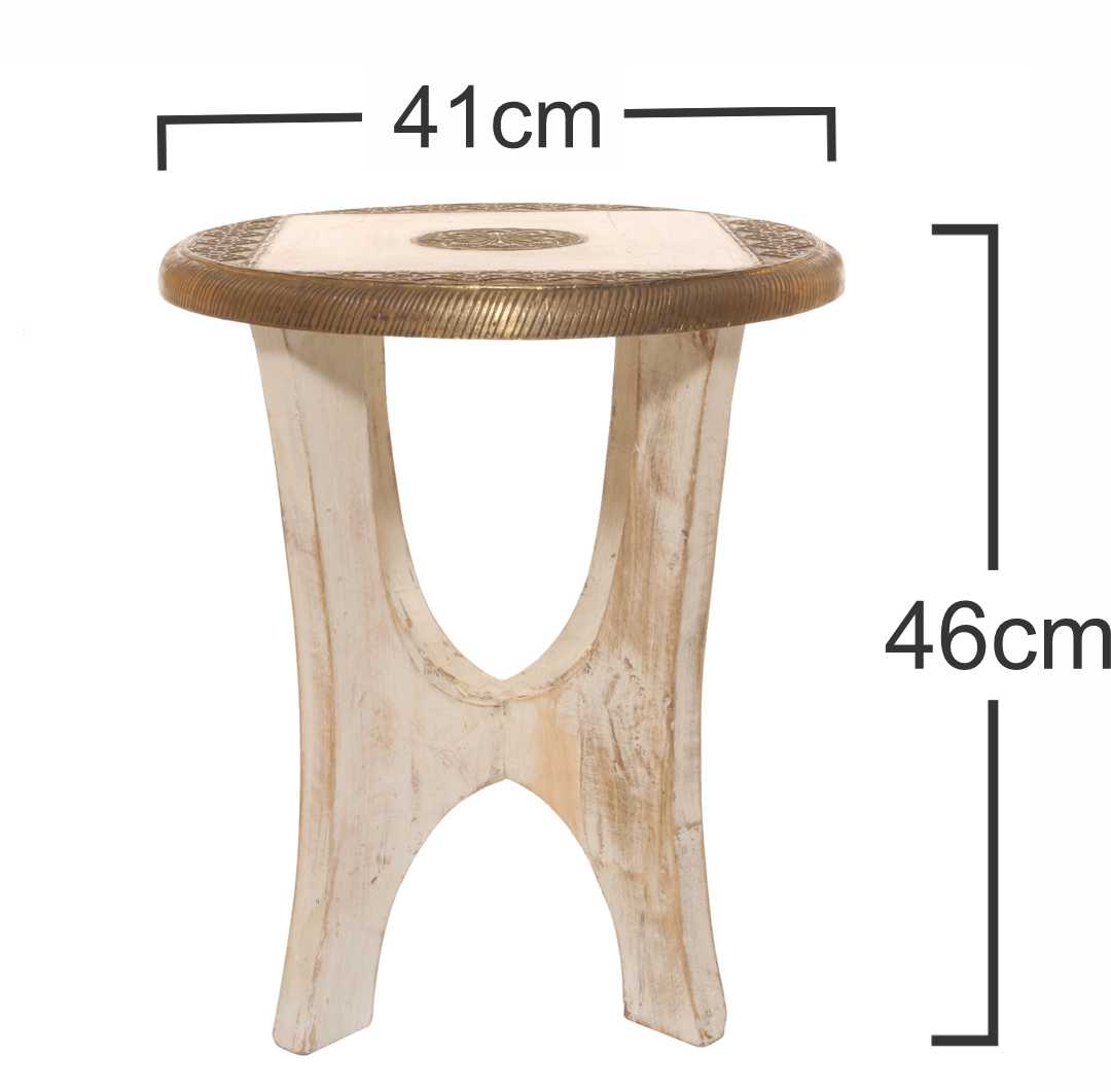 Brass White Side Stool – Handcrafted Wooden Stool with Brass Carving Artwork