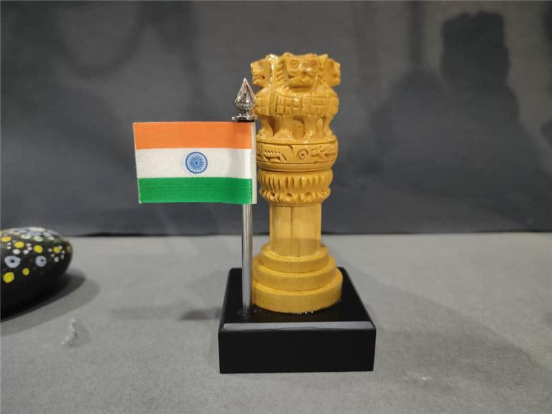 Wooden Ashok Pillar Natural Polish with Flag | 3 inches | Patriotic Decor & Gift