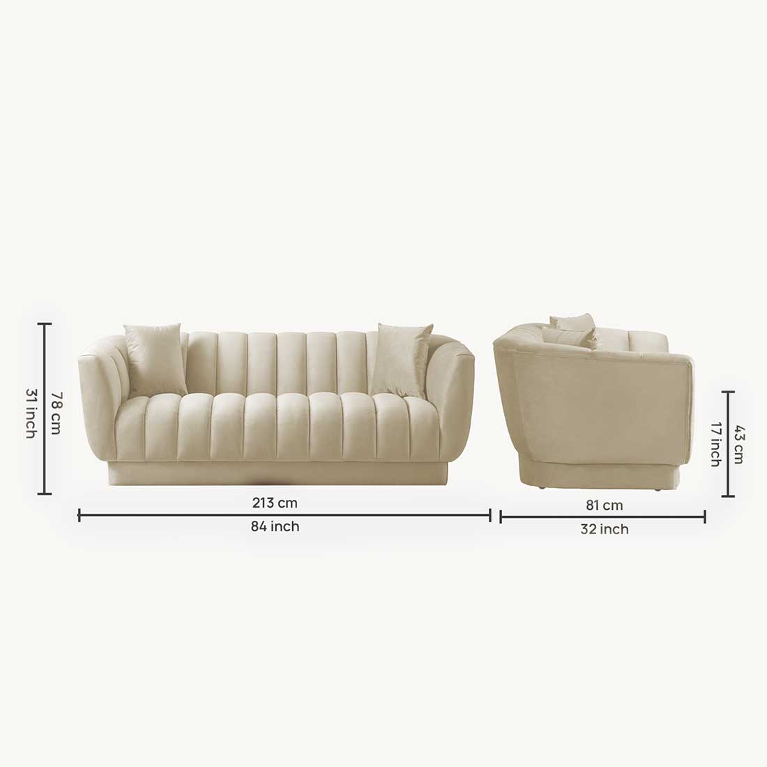 Modern Channel Tufted Sofa with Curved Arms & Accent Pillows