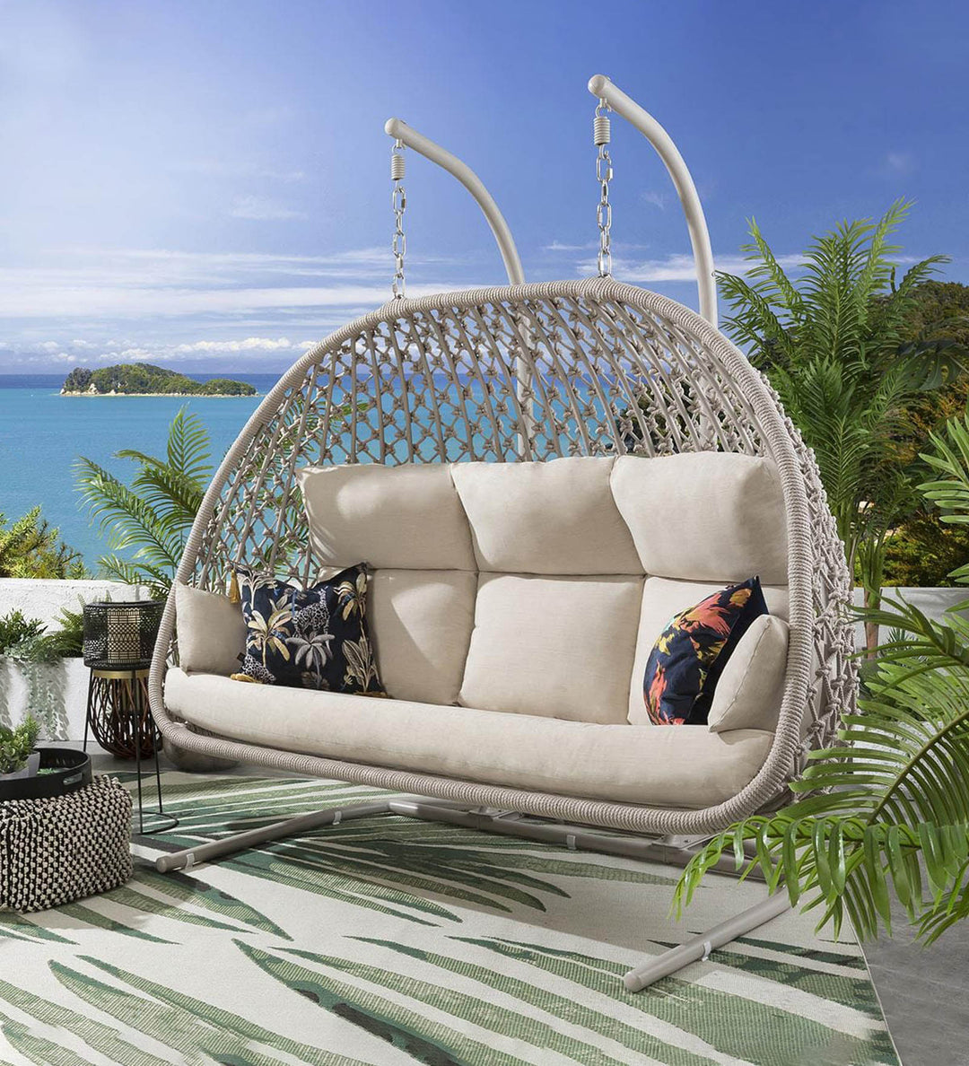 Double Hanging Swing Chair with Stand – Woven Outdoor Egg Bench