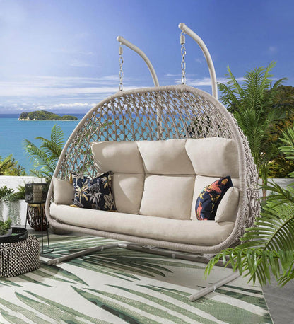 Double Hanging Swing Chair with Stand – Woven Outdoor Egg Bench