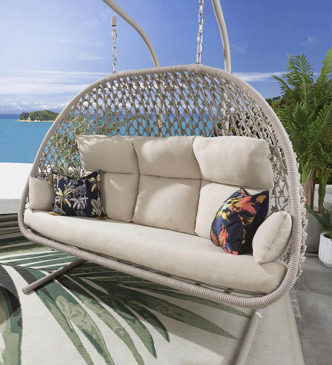 Double Hanging Swing Chair with Stand – Woven Outdoor Egg Bench