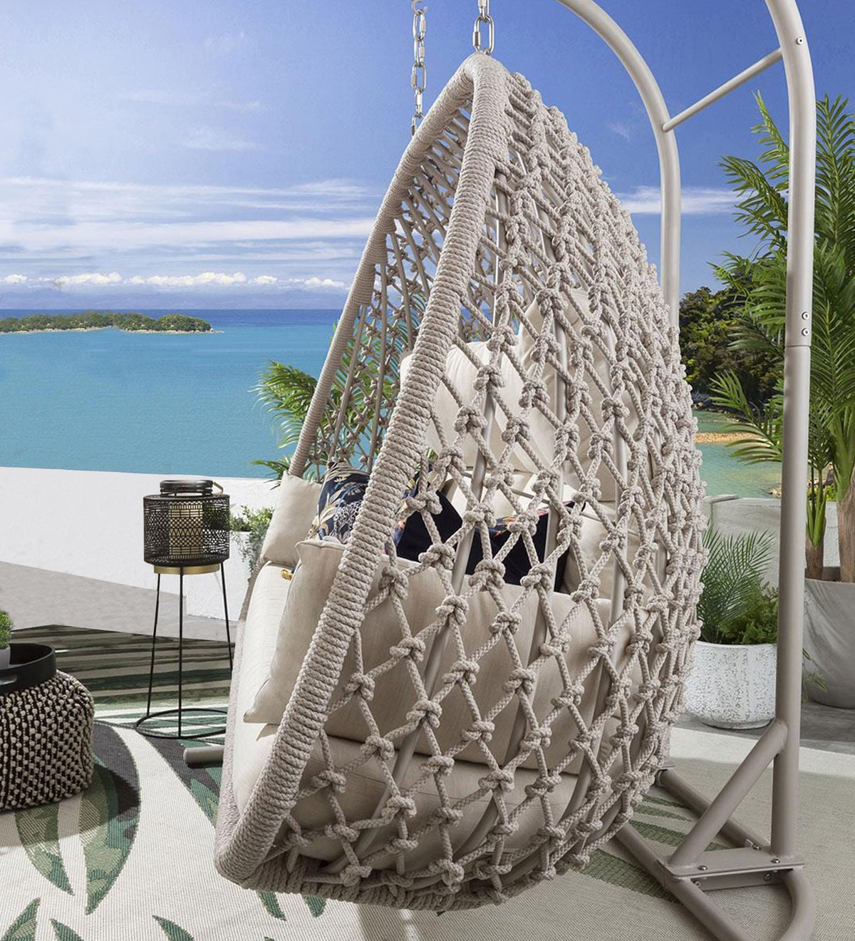 Double Hanging Swing Chair with Stand – Woven Outdoor Egg Bench