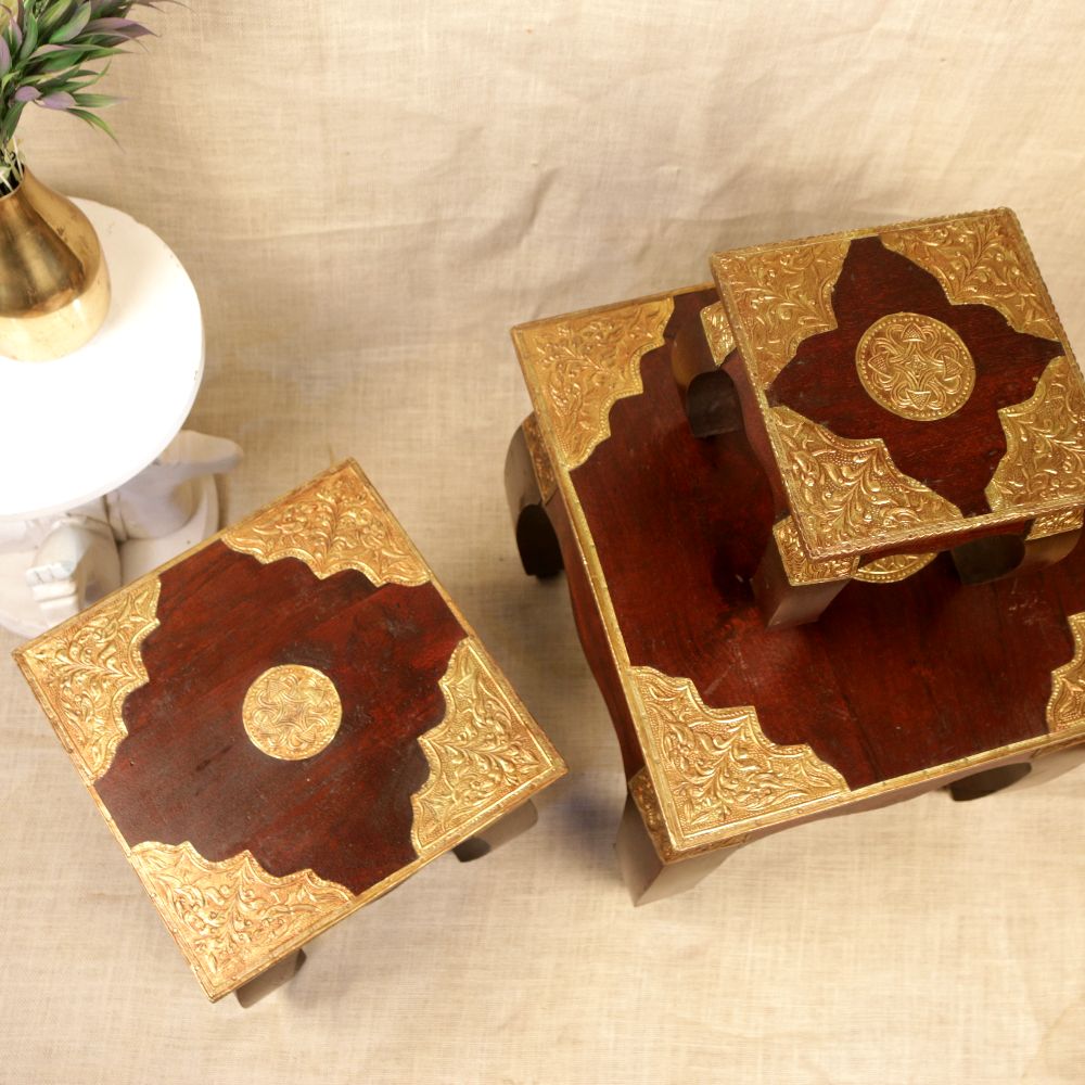 Handcrafted Opium Stool Set of 3 – Premium Wooden Nesting Stools for Home Décor