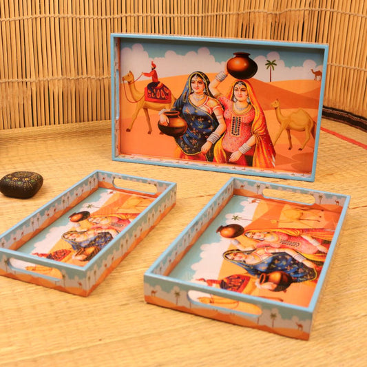 Wooden Rajasthani Printed Tray Set of 3
