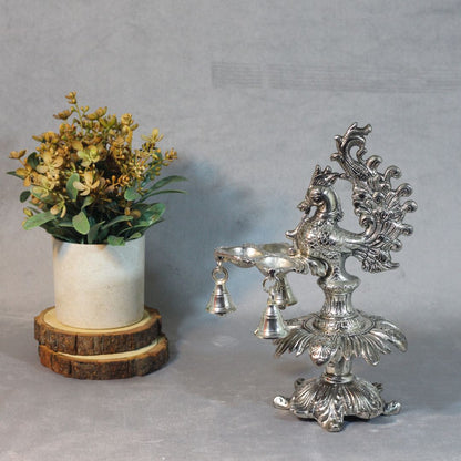 Metal 3 Diya Peacock Samai with Ghanti — Handcrafted Oxidised Finish Lamp Stand