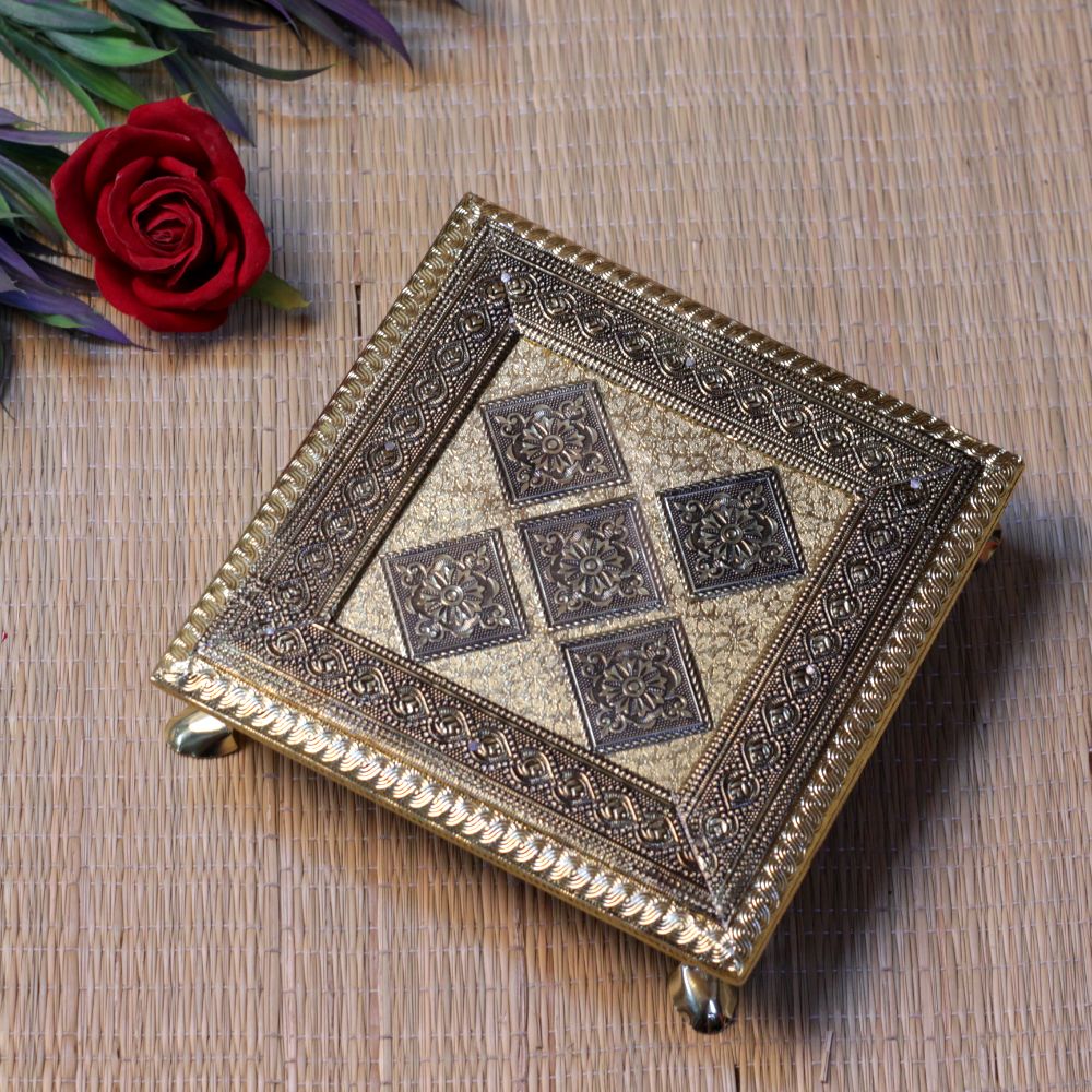 10x10 Wooden Regzin Chowki | Decorative Pooja Bajot | Handcrafted Wooden Chowki for Home Temple & Religious Ceremonies