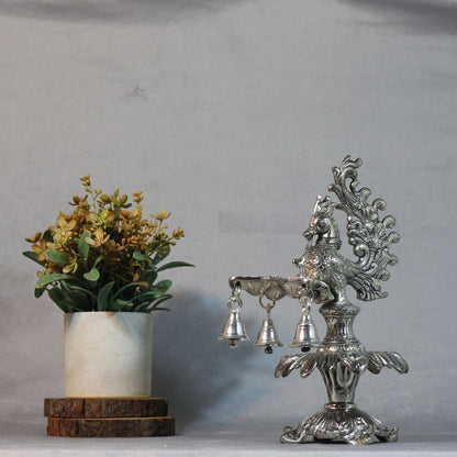 Metal 3 Diya Peacock Samai with Ghanti — Handcrafted Oxidised Finish Lamp Stand
