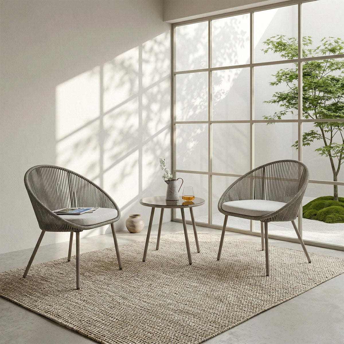 3-Piece Woven Patio Bistro Set with 2 Cushioned Chairs & Round Table