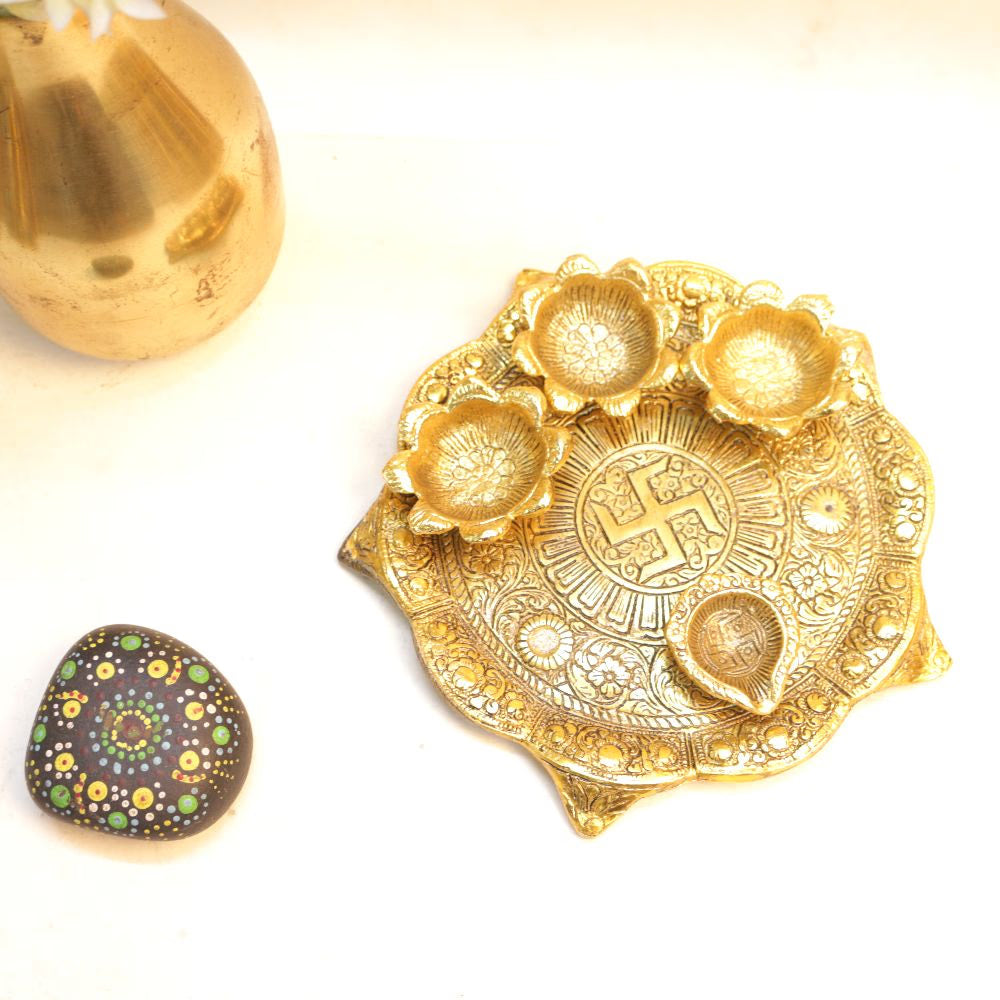 Metal Pooja Thali with Diya - Golden