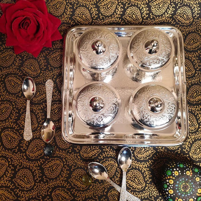 Silver Supari Set of 4 with Spoon & Tray – Handcrafted Traditional Betel Nut Set