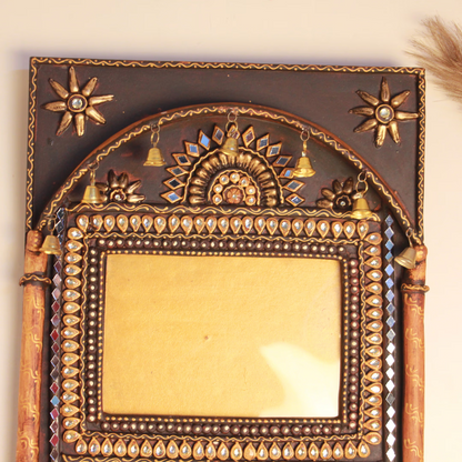Wooden Kundan Photo Frame with 5 Bells — Handcrafted Decorative Picture Frame