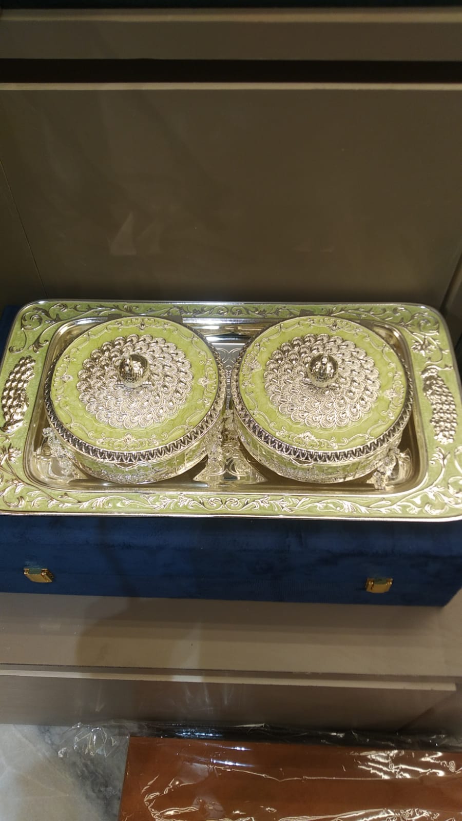 Round Peacock Dry Fruit Bowl with Tray & Box – Handcrafted Decorative Serving Set