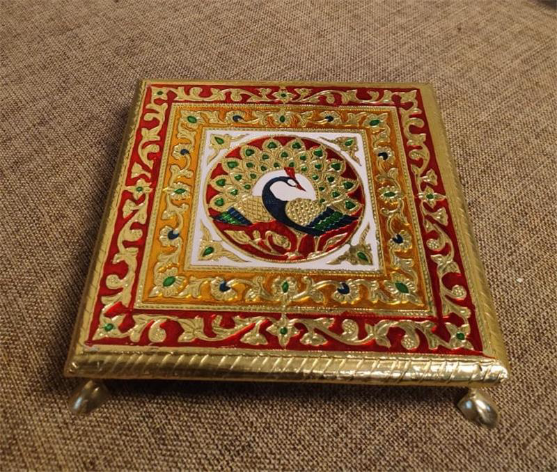 10x10 Wooden Alla Chowki | Handcrafted Decorative Pooja Bajot | Traditional Wooden Platform for Home Temple & Festivals