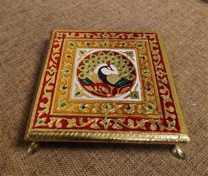 10x10 Wooden Alla Chowki | Handcrafted Decorative Pooja Bajot | Traditional Wooden Platform for Home Temple & Festivals