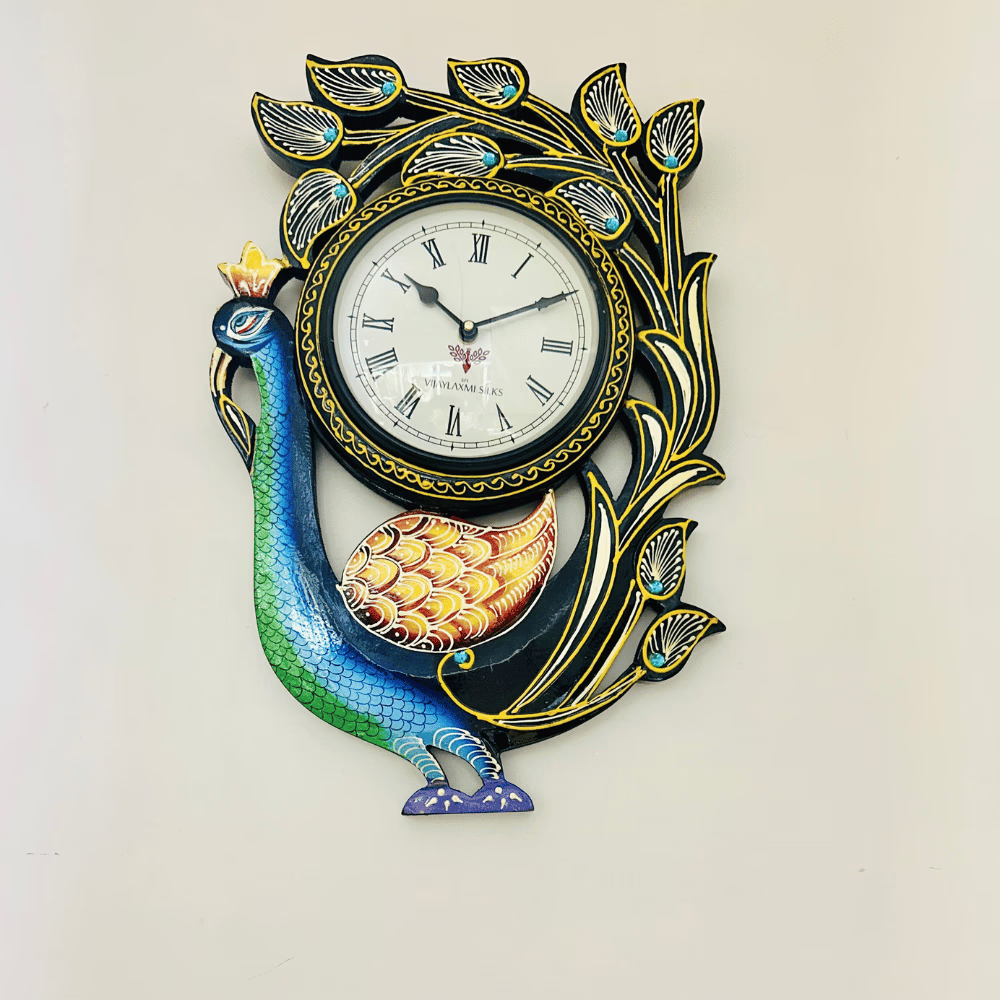 Red Feather Dual Peacock Wall Clock | 18×12 inches | Handcrafted Indian Decor