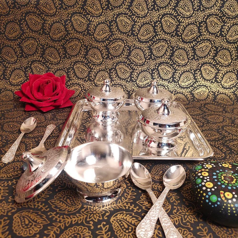 Silver Supari Set of 4 with Spoon & Tray – Handcrafted Traditional Betel Nut Set