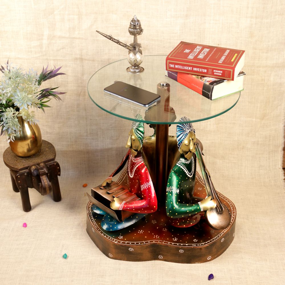 Handcrafted Musician Table – Wooden Rajasthani Art Decorative Side Table