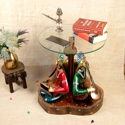 Handcrafted Musician Table – Wooden Rajasthani Art Decorative Side Table