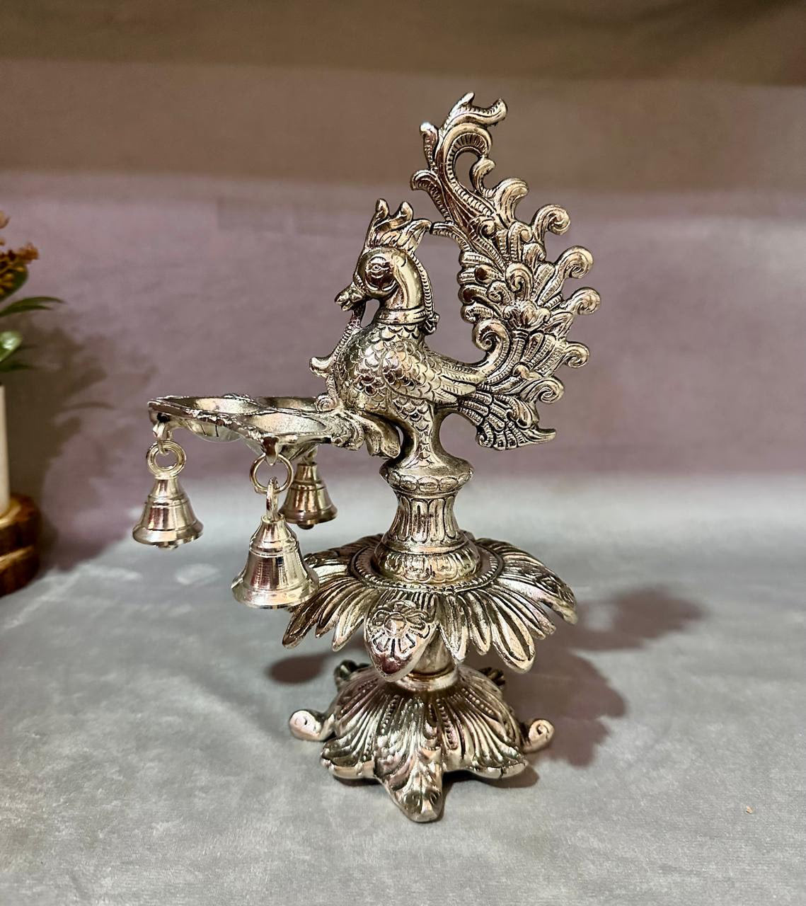 Metal 3 Diya Peacock Samai with Ghanti — Handcrafted Oxidised Finish Lamp Stand