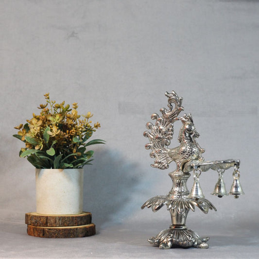 Metal 3 Diya Peacock Samai with Ghanti — Handcrafted Oxidised Finish Lamp Stand