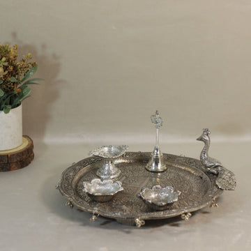 Metal Pooja Thali with Mor Design