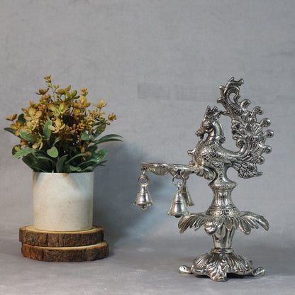 Metal 3 Diya Peacock Samai with Ghanti — Handcrafted Oxidised Finish Lamp Stand