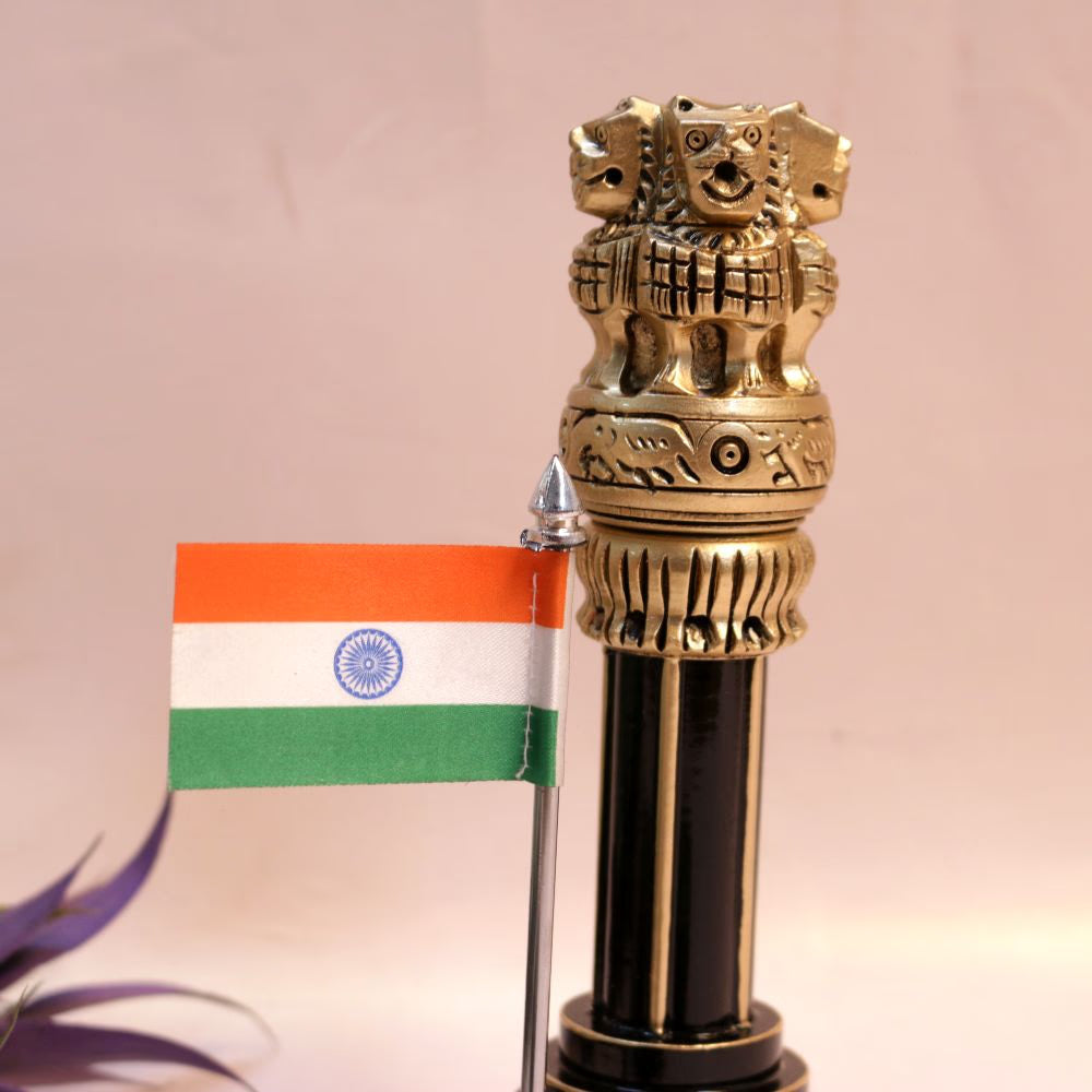 Wooden Ashok Pillar with Brass & Flag | 12 inches | Patriotic Decor & Corporate Gift