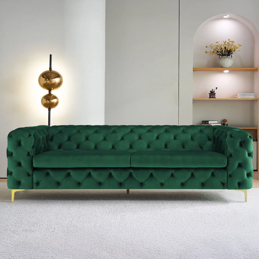 Luxury 3-Seater Green Tufted Chesterfield Sofa with Gold Legs