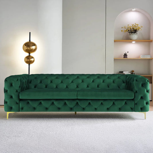 Luxury 3-Seater Green Tufted Chesterfield Sofa with Gold Legs