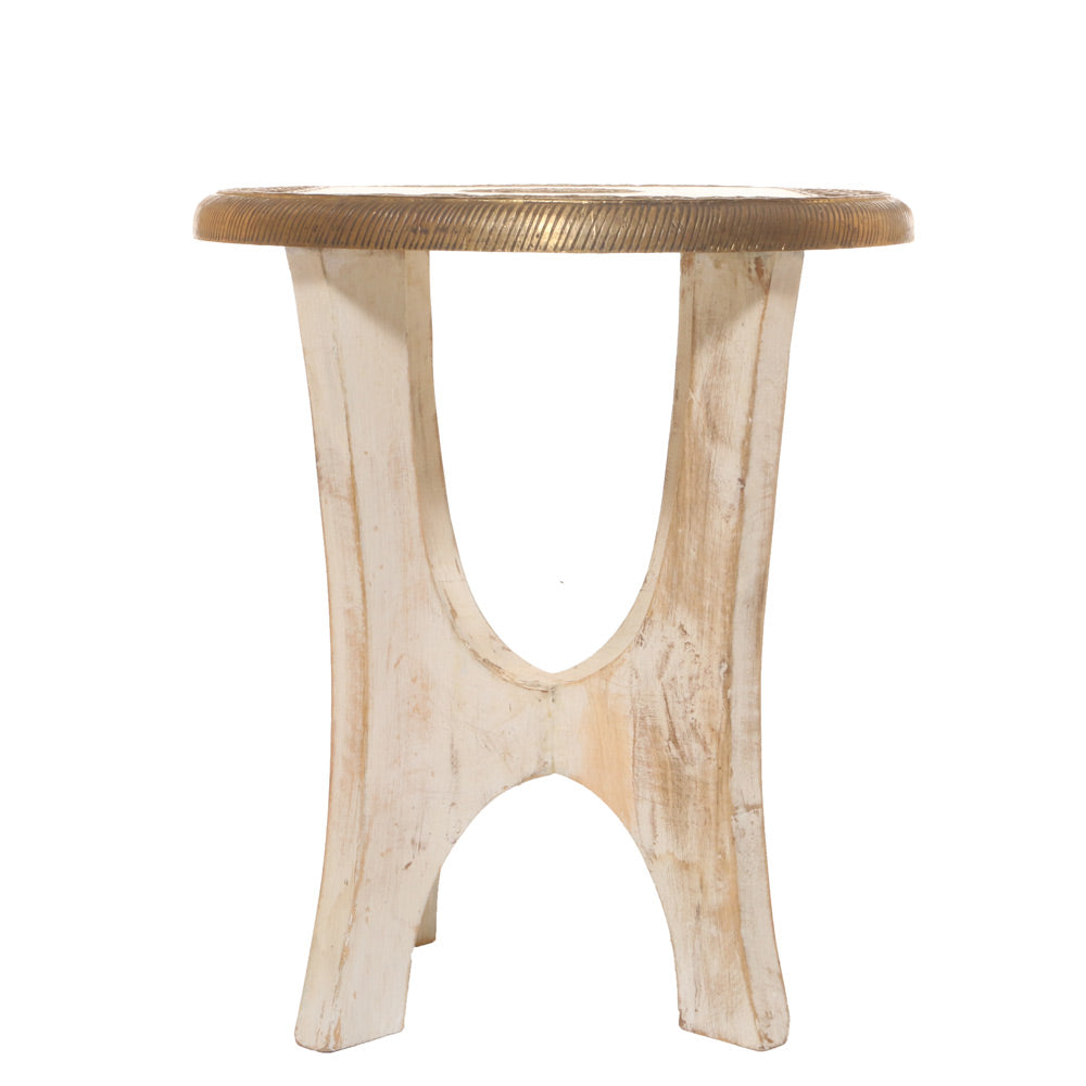 Brass White Side Stool – Handcrafted Wooden Stool with Brass Carving Artwork