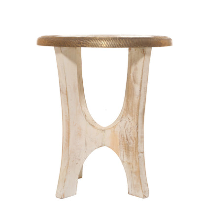 Brass White Side Stool – Handcrafted Wooden Stool with Brass Carving Artwork