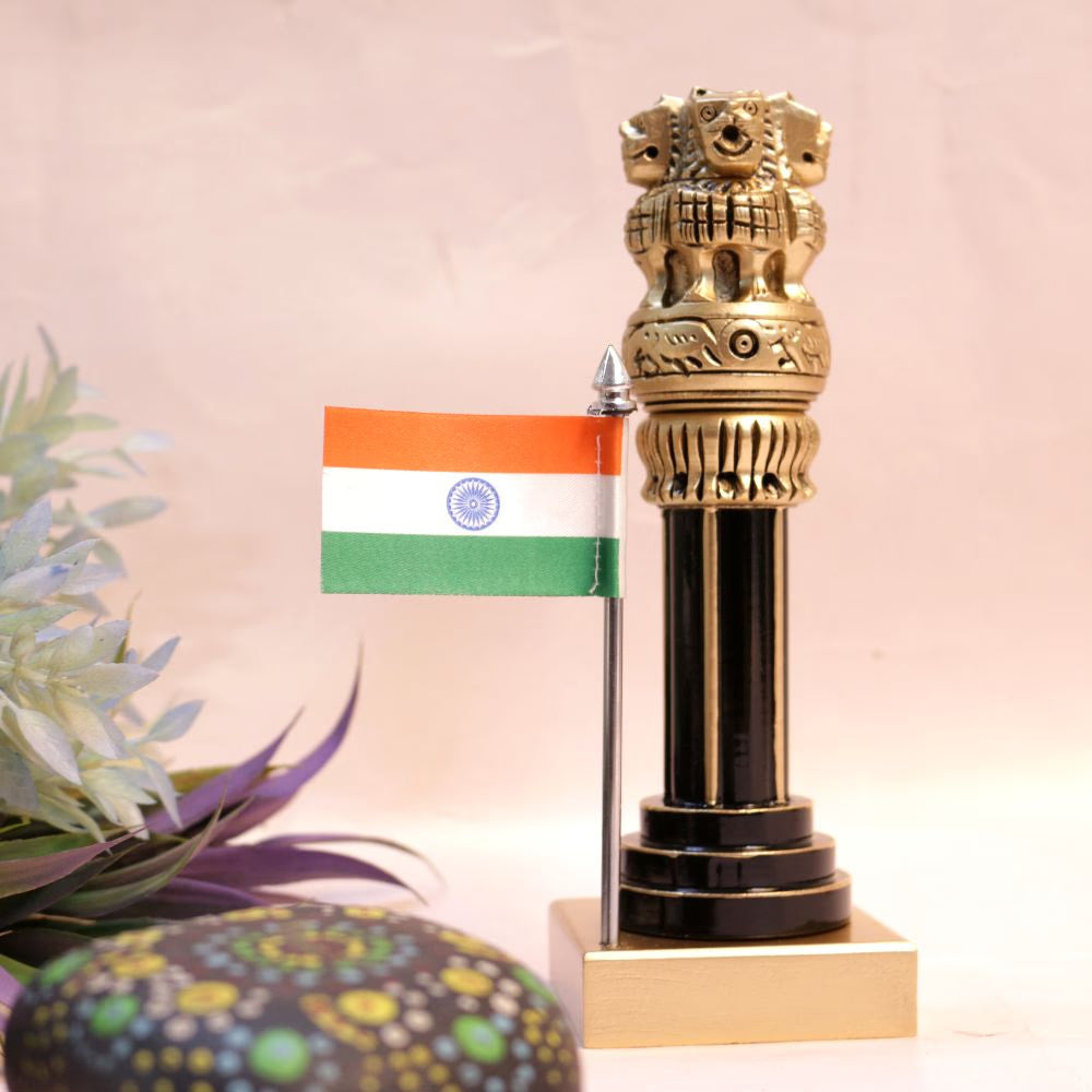 Wooden Ashok Pillar with Brass & Flag | 10 inches | Patriotic Decor & Corporate Gift