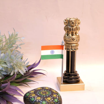 Wooden Ashok Pillar with Brass & Flag | 6 inches | Patriotic Decor & Corporate Gift