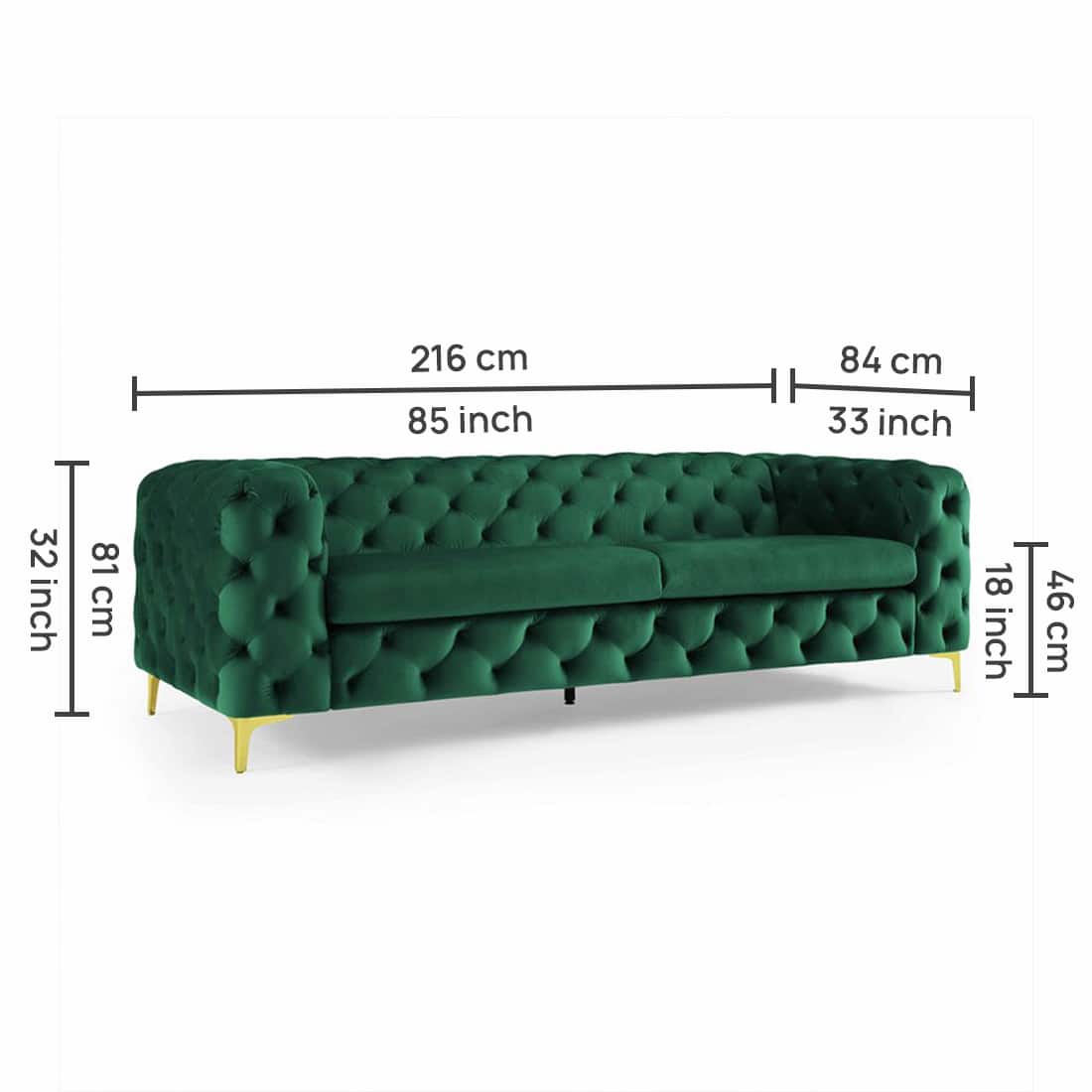 Luxury 3-Seater Green Tufted Chesterfield Sofa with Gold Legs