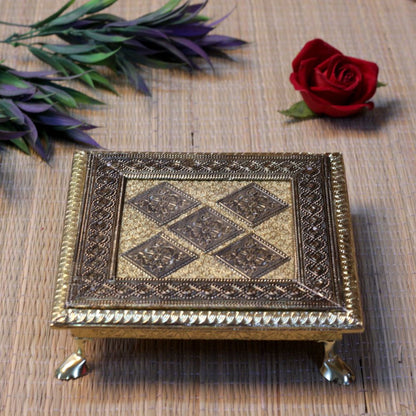 10x10 Wooden Regzin Chowki | Decorative Pooja Bajot | Handcrafted Wooden Chowki for Home Temple & Religious Ceremonies