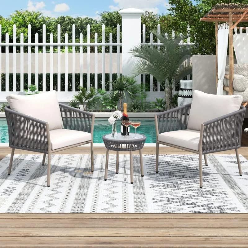 Outdoor Patio Seating Set – 2 Cushioned Chairs & Round Table
