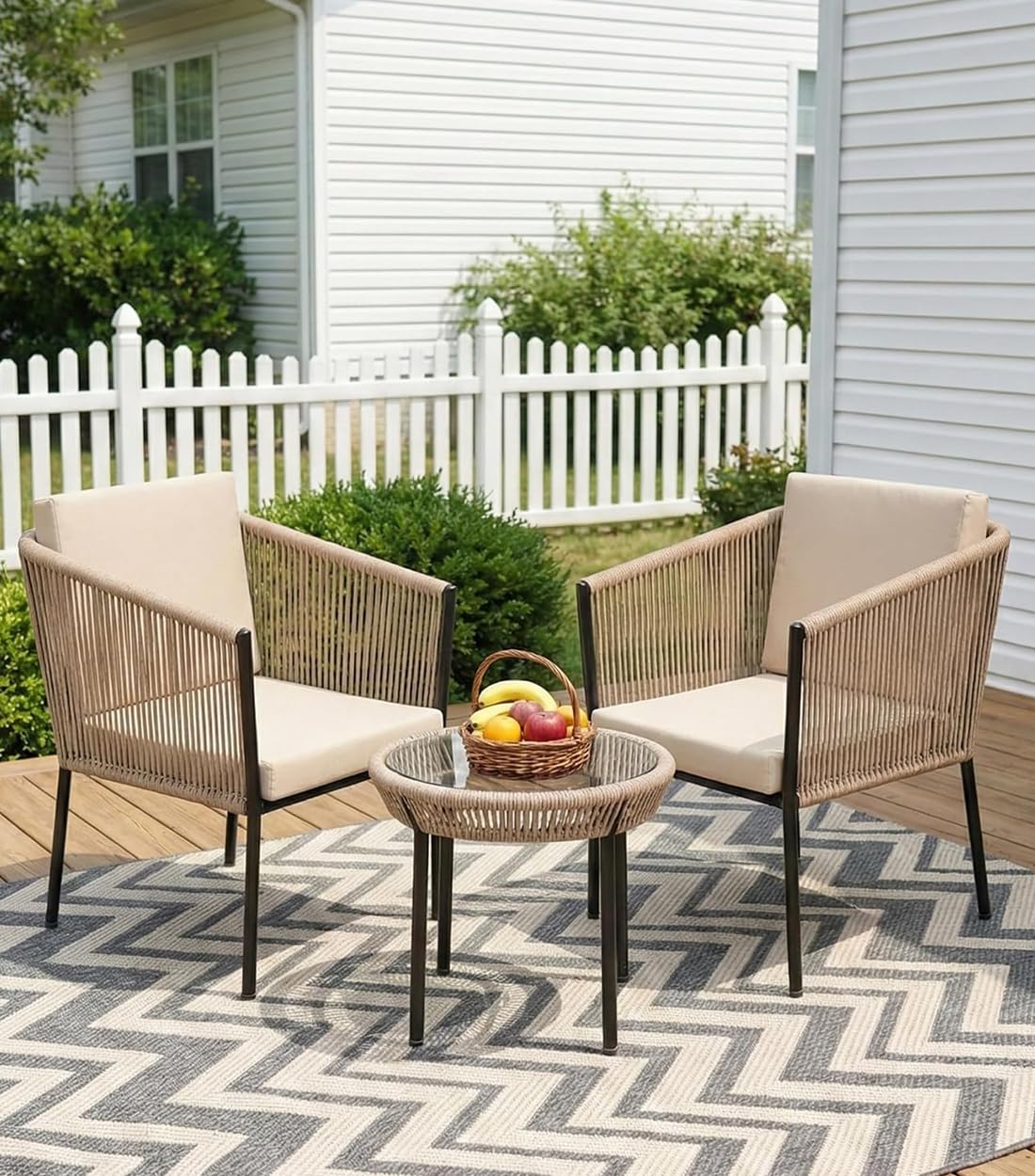 Outdoor Patio Seating Set – 2 Cushioned Chairs & Round Table