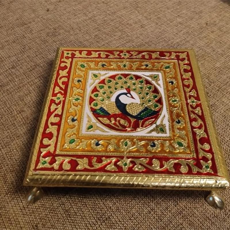 10x10 Wooden Alla Chowki | Handcrafted Decorative Pooja Bajot | Traditional Wooden Platform for Home Temple & Festivals