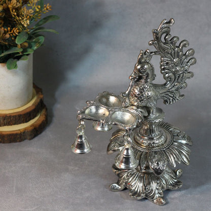 Metal 3 Diya Peacock Samai with Ghanti — Handcrafted Oxidised Finish Lamp Stand