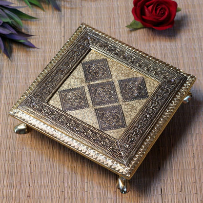 10x10 Wooden Regzin Chowki | Decorative Pooja Bajot | Handcrafted Wooden Chowki for Home Temple & Religious Ceremonies