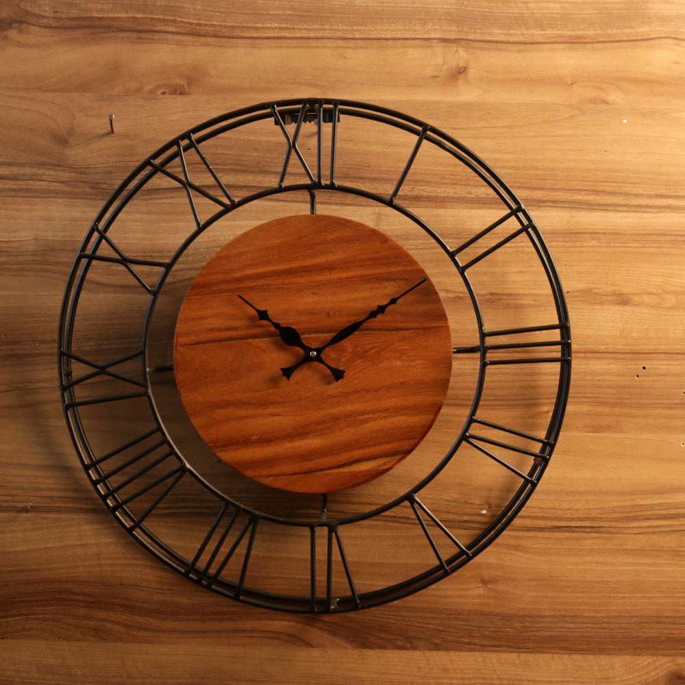 18-Inch Handcrafted Iron Wall Clock with Wooden Center – Open Dial Decorative Wall Clock for Living Room