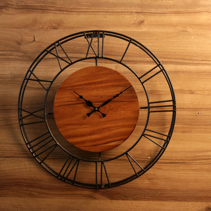 18-Inch Handcrafted Iron Wall Clock with Wooden Center – Open Dial Decorative Wall Clock for Living Room