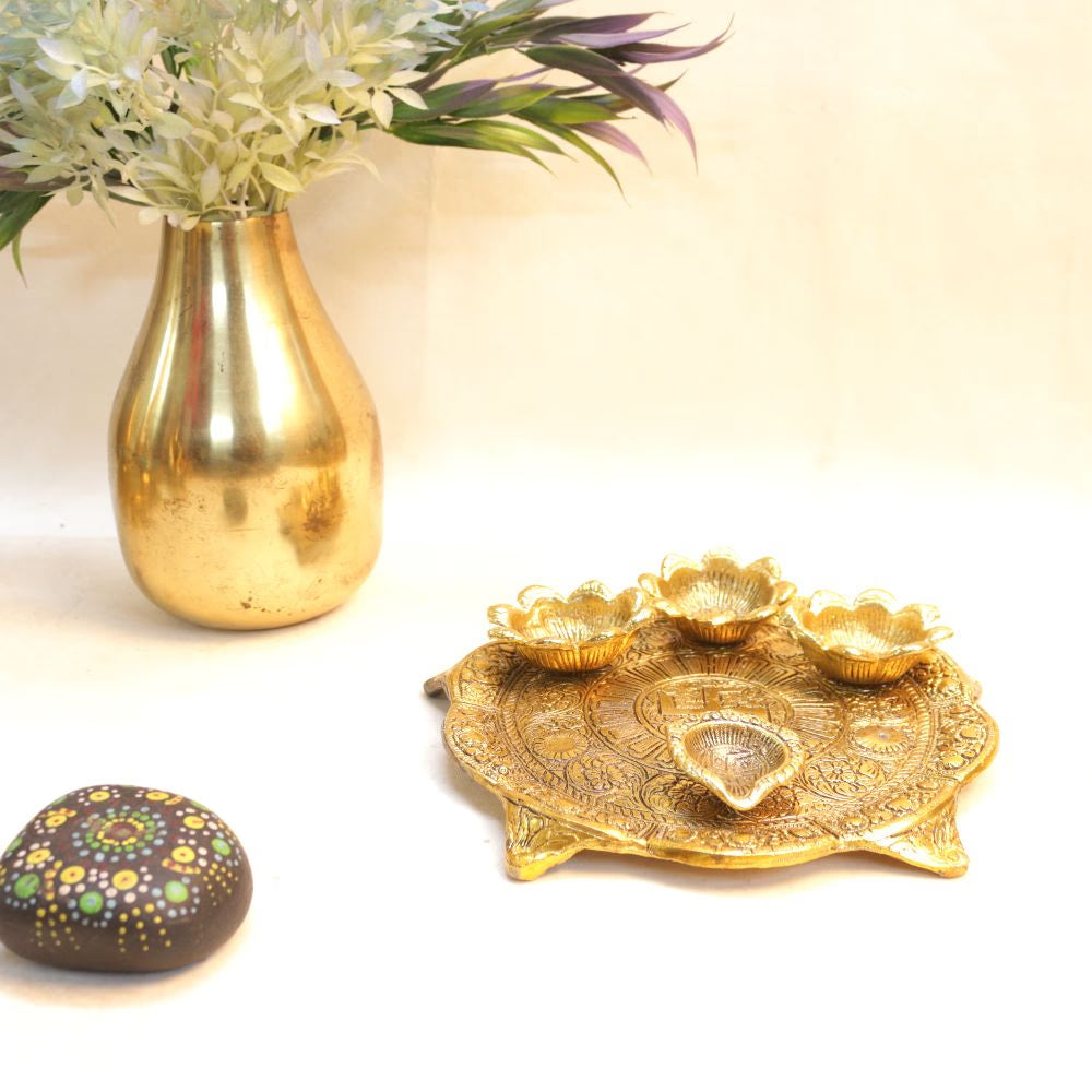 Metal Pooja Thali with Diya - Golden