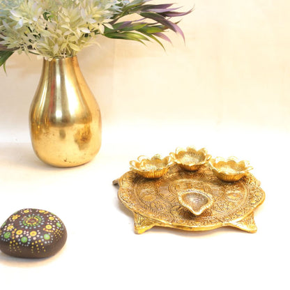 Metal Pooja Thali with Diya - Golden