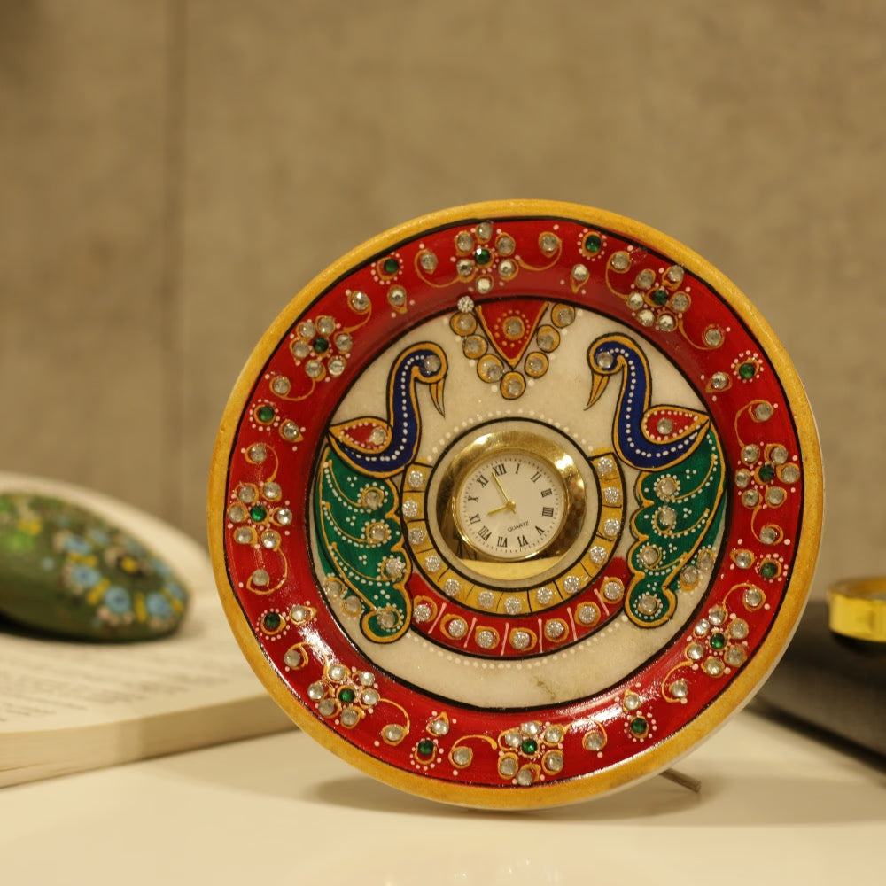 Marble Symmetric Peacock Table Clock